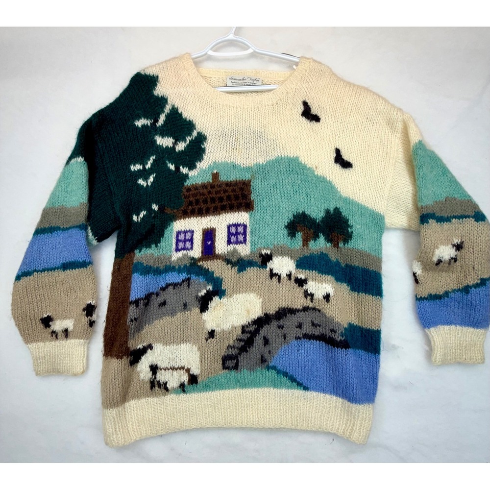 Vintage Samantha Taylor Chadwicks England Sheep Cottage Landscape Knit Sweater